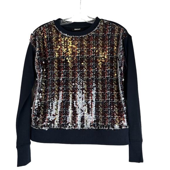 🆕 DKNY Sequin Sweatshirt Sequin Front Solid Black Sleeves Womens Size XXS NWT - Picture 3 of 10